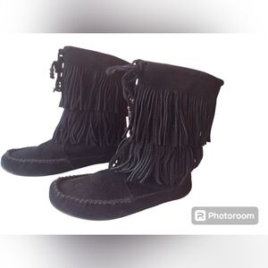 Minnetonka Black Suede Leather Double Fringed MidCalf Boots Sz 9.5